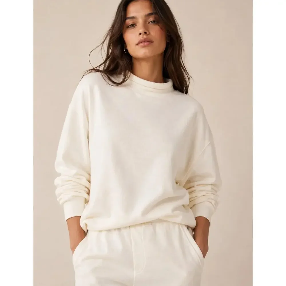 J.Crew Heritage Terry Rollneck Sweatshirt 100% Cotton Top Ivory CC944 Size S NWT